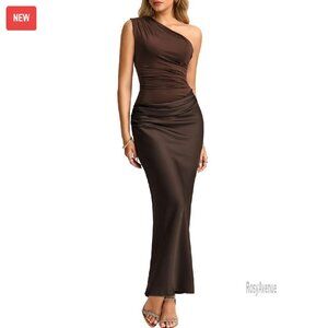 Elegant One Shoulder Ruched Satin Formal Dress Wedding Guest Prom